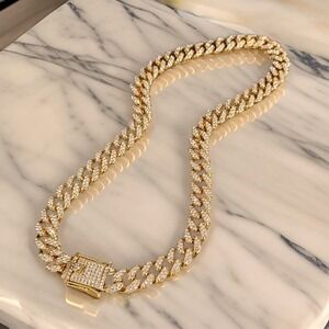 Yellow Rhinestone Studded Cuban Link Curb Chain Necklace Gold 15.7 inches Luxe